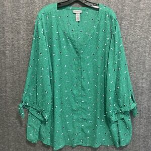 Catherines Top Women 5X Green Umbrella Rain‎ Drop Print Novelty Button Up Shirt